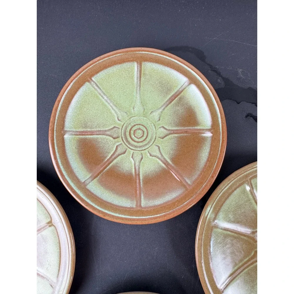 Vtg Frankoma Appetizer Plates Set‎ of 7 Brown Green Wagon Wheel Sunburst 6.5